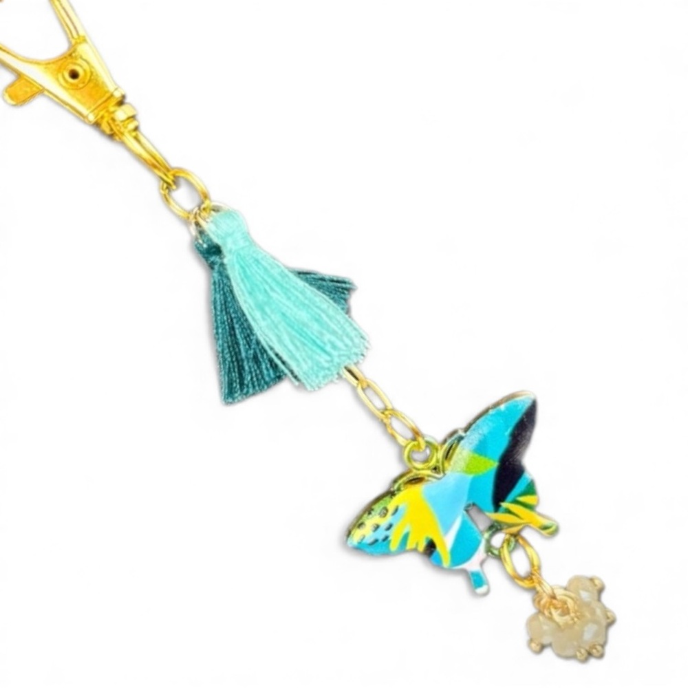 Colorful‎ Touquoise Butterfly with Tassels Bag Charm / Keychain Hand Crafted